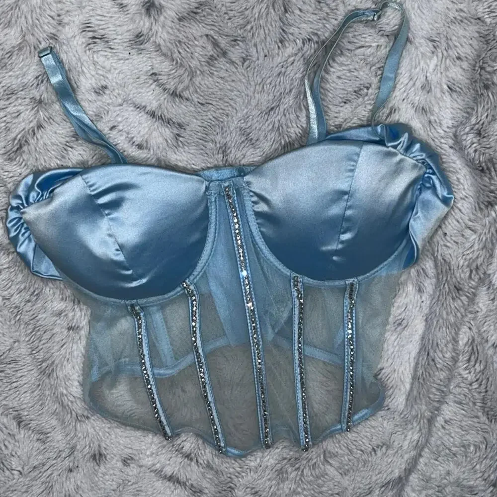 Baby blue corset top‎ Small Rhinestone Detail Satin sexy